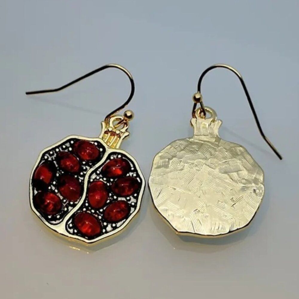 Gold and Red Pomegranate Pendant Hook Earrings - Picture 2 of 3